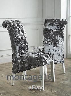 Bespoke Button Back Bow Crushed Velvet Fabric Dining Chairs / Glitter RRP £999