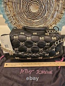 Betsey Johnson Black Lamb Skin Quilted Handbag With Bow-tied Gold Accents