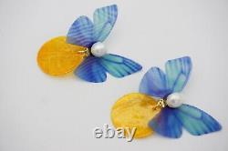 Blue Butterfly Yellow Shell Pearls Retro Pierced Earrings, Swarovski Element