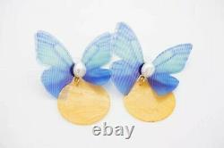 Blue Butterfly Yellow Shell Pearls Retro Pierced Earrings, Swarovski Element