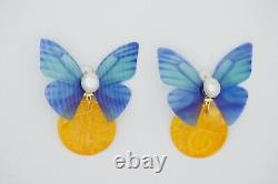 Blue Butterfly Yellow Shell Round Circle Pearl Retro Clip Earrings, Women Her