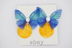 Blue Butterfly Yellow Shell Round Circle Pearl Retro Clip Earrings, Women Her