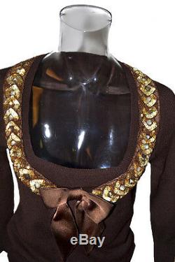 Blumarine Handmade Embroidered Beads Sequins Bow Decorated Brown Knitted Sweater