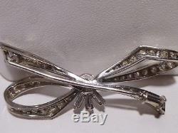 Bow Design 18k White Gold 1.00 CTW Pave Set Diamonds 3 Baguette Brooch Handmade