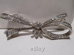 Bow Design 18k White Gold 1.00 CTW Pave Set Diamonds 3 Baguette Brooch Vintage