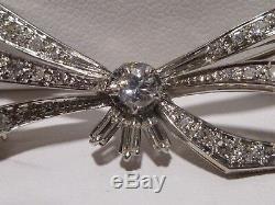 Bow Design 18k White Gold 1.00 CTW Pave Set Diamonds 3 Baguette Brooch Vintage