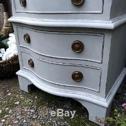 Bow Fronted Grey Gustavian Style Vintage Tallboy Bedside Table Chest of Drawers