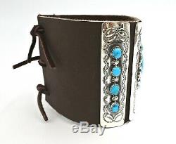 Bow Guard High Grade Kingman Turquoise Sterling Silver Navajo Handmade Leather