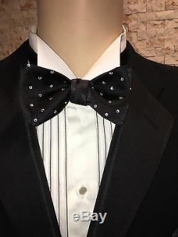 Bow Tie Self Tie Hand Made Black Silk With Swarovski Crystal Polka Dot