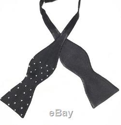 Bow Tie Self Tie Hand Made Black Silk With Swarovski Crystal Polka Dot