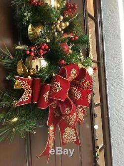 Burgundy Crest Print Bow WALL TREE. Cordless Light With Timer