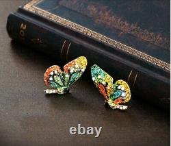 Butterfly Sparkling Crystals Retro Clip Earrings, Green Blue Yellow, Swarovski