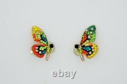 Butterfly Sparkling Crystals Retro Clip Earrings, Green Blue Yellow, Swarovski