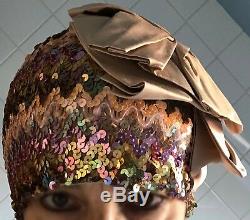 CARMELATAY hand-made haute couture sequin beanie-like hat with top bow