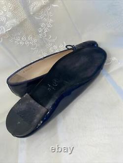 CHANEL CC Navy Blue Patent Leather Cap Toe Classic Bow Ballet Flats Size 10m 40
