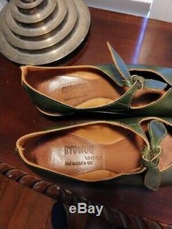 CYDWOQ Vintage Bow Tie Mary Jane Green Leather Handmade in CA 38.5