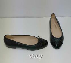 Chanel Classic Black Calf Leather Patent Cap Toe Ballet Flats Shoes Size 37.5