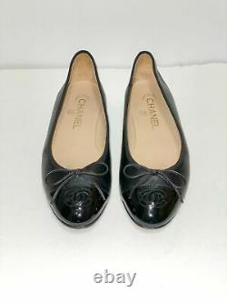 Chanel Classic Black Calf Leather Patent Cap Toe Ballet Flats Shoes Size 37.5