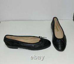 Chanel Classic Black Lambskin Leather Cap Toe Ballet Flats Shoes Size 37