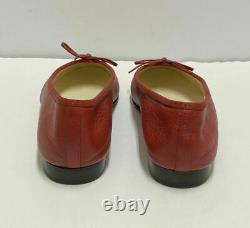Chanel Classic Red Pebbled Leather Patent Cap Toe Ballet Flats Shoes Size 37