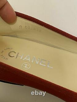 Chanel Classic Red Pebbled Leather Patent Cap Toe Ballet Flats Shoes Size 37