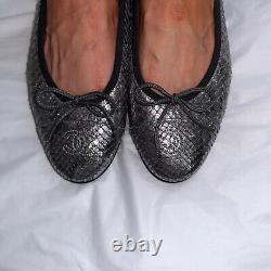 Chanel Logo Python Exotic Snakeskin Grey Metal Silver Ballerina Flat Shoe 39.5
