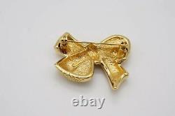 Christian Dior 1980s Vintage Textured Knot Bow Ribbon Crystals Brooch, Gold