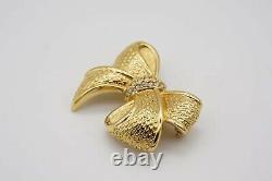Christian Dior 1980s Vintage Textured Knot Bow Ribbon Crystals Brooch, Gold
