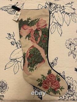 Christmas Coquette Style Pink Bows & Roses Handmade Needlepoint Stocking NWT