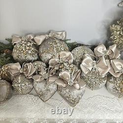 Christmas Ornaments Mocha Velvet Rhinestones Bow Handmade Shatterproof Set 15