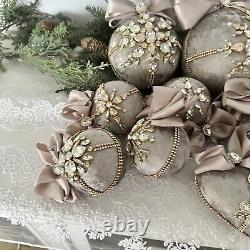 Christmas Ornaments Mocha Velvet Rhinestones Bow Handmade Shatterproof Set 15