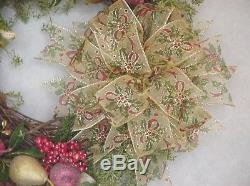 Christmas Sugared Faux Fruit Victorian Farm Country Holiday Ribbon Bow Wreath