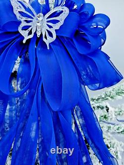 Christmas Tree Bow Topper Blue 60 Inch Tails Handmade Bow Decoration Free P&P