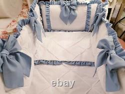 Cot Quilt, Pillowcase + 4 Sided Tufted Bumper White with Ruffles and Bows