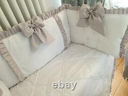 Cotbed Bedding Quilt, PillowCase + Tufted Bumper with Ruffles + Bows White Grey