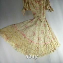 Cream Pink Floral Vtg Handmade Circle 1960's Dress Lace Bow Prairie Size XS-SM