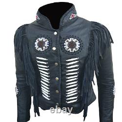Custom 1051 Black Western Fringe Beads Handmade Cowhide Leather Fashion Jacket