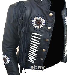 Custom 1051 Black Western Fringe Beads Handmade Cowhide Leather Fashion Jacket