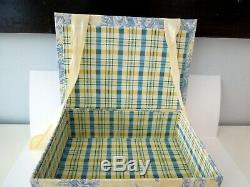 Custom Box Toile de Jouy Fabric Covered Blue Yellow Bow Padded 17 x 12 x 5.5