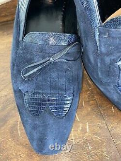 De La Rentis Hand Made In Spain Suede/ Leather Lizard Trim Blue Dress Shoes 12