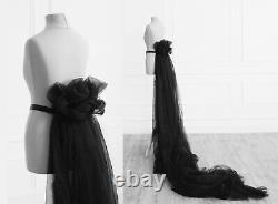 Detachable Black Tulle Half Overskirt With Train And Tulle Flower Choker Set