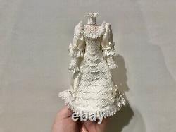 Dollhouse Miniatures White Wedding Dress w Lace, Bows & Flowers on Mannequin