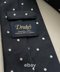 Drake's London mens handmade silk polka dot black & white silk tie NWT
