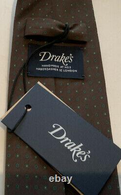 Drakes London Mens Hand Made Brown Poka Dot Silk Tie RRP £145 New