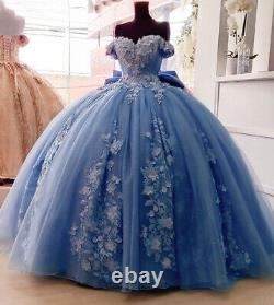 Dusty Blue Quinceanera Dress 3D Floral Applique Off Shoulder Sweet 16 With Bow