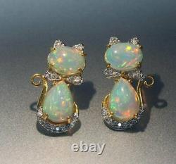Ethiopian Opal Diamond 14k Solid Gold Kitty Cat Earring Cat Bow Stud Earrings