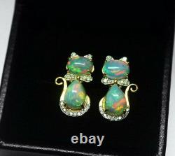 Ethiopian Opal Diamond 14k Solid Gold Kitty Cat Earring Cat Bow Stud Earrings