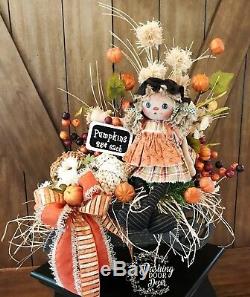 Fall Autumn Floral Wagon Tabletop Centerpiece with Handmade Doll Pumpkins & Bow