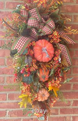 Fall Pumpkin Swag Large New With Gingham Bow