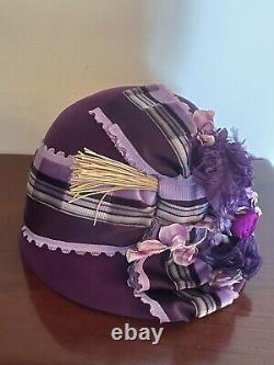Fleur De Paris New Orleans Hat Purple Furfelt Ribbon Flower Straw Bespoke OOAK